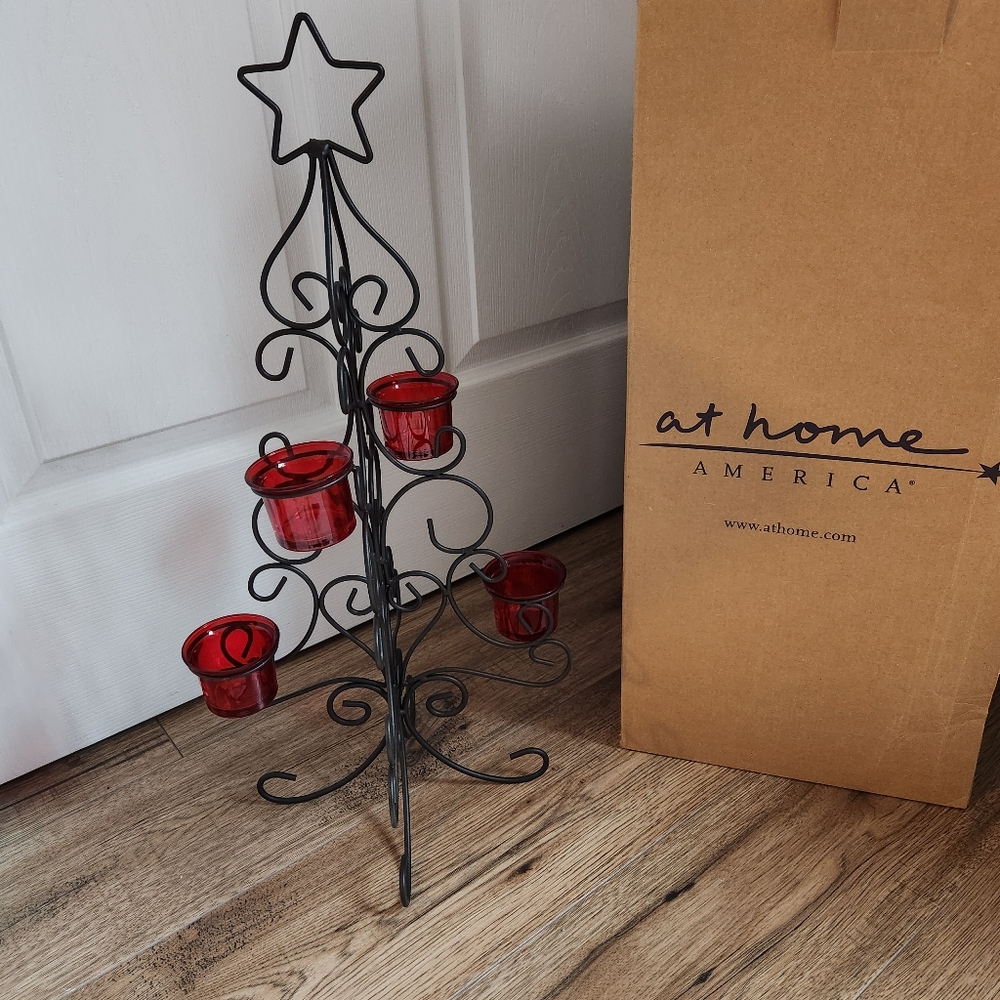At Home America Scarlet Glow Holiday Tree Tealight Holder (Christmas Tree) NIB